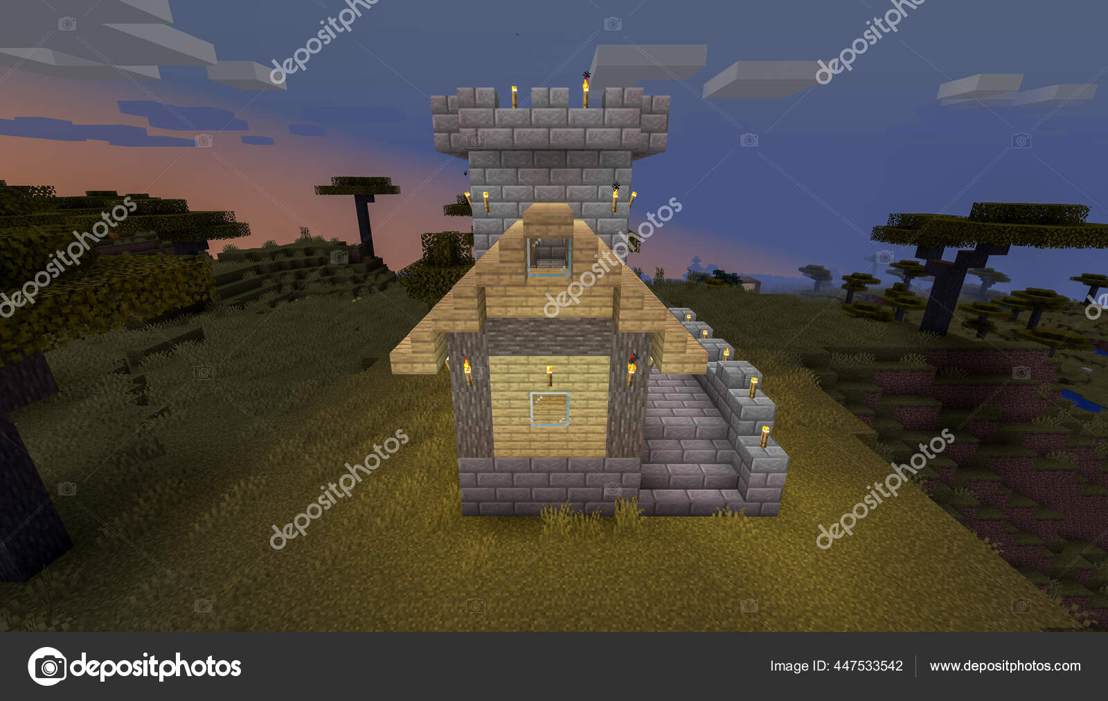 Minecraft Game Fevereiro 2021 Amostra Castelo Medieval Pedra Simples  Ilustração — Fotografia de Stock Editorial © Yuriy_Vlasenko #447533542
